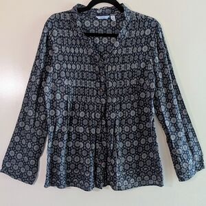 IZOD Boho Hippie Floral Print Cotton Blouse (Size M) Minimalist Top Navy Blue